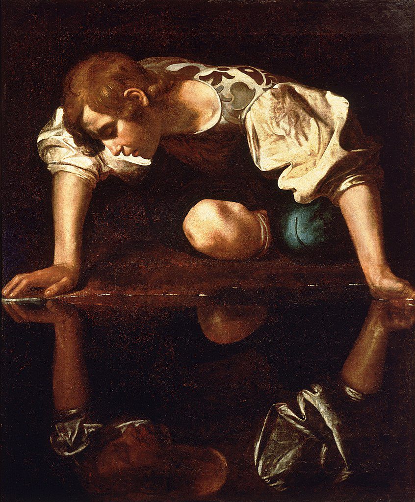 An oil painting of Narcissus looking at his reflection